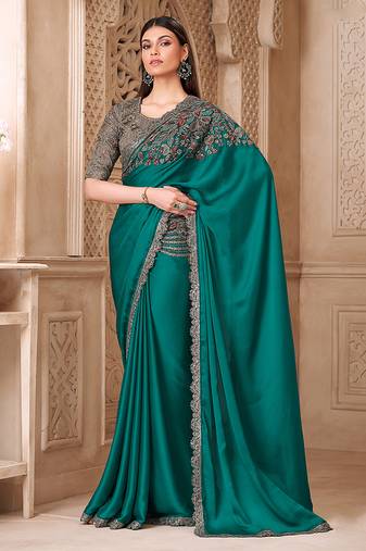 Teal color satin silk fancy designer festival saree