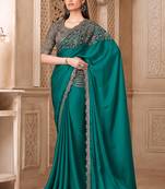 Teal color satin silk fancy designer festival saree