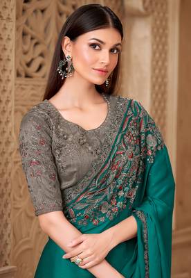 Teal color satin silk blend embroidered border saree 2