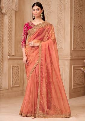 Peach color georgette silk blend embroidered border saree 1