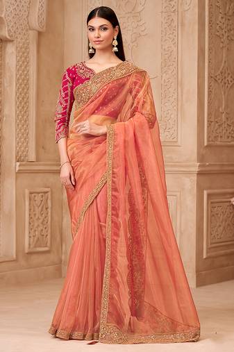 Peach gold sparkle color georgette silk fancy designer festival saree