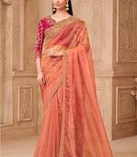 Peach gold sparkle color georgette silk fancy designer festival saree