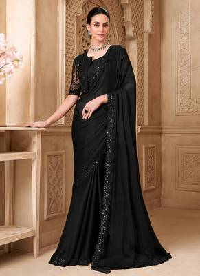 Black color satin georgette embroidered saree with jacket style blouse 1