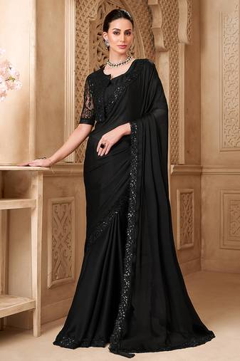 Black color satin georgette  fancy designer festival saree with jacket style blouse