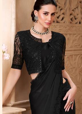 Black color satin georgette embroidered saree with jacket style blouse 2