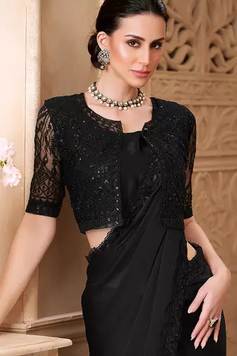 Black color satin georgette embroidered saree with jacket style blouse