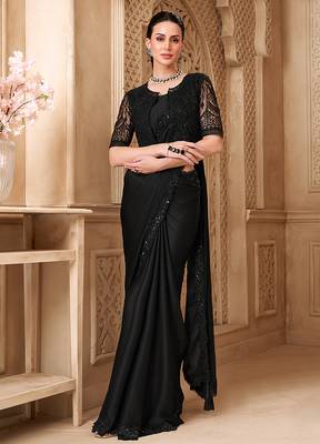 Black color satin georgette embroidered saree with jacket style blouse 3
