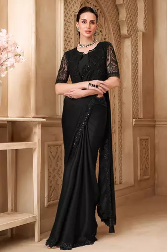 Black color satin georgette embroidered saree with jacket style blouse