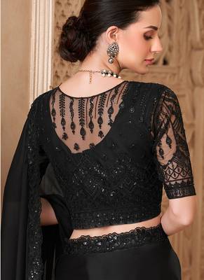 Black color satin georgette embroidered saree with jacket style blouse 4