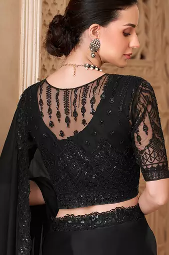 Black color satin georgette embroidered saree with jacket style blouse