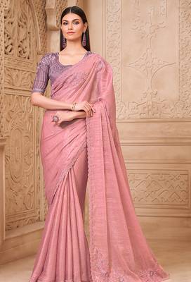 Pink color crush satin georgette embroidered border saree 1