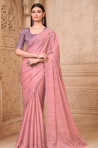 Pink color crush satin georgette  fancy designer festival saree