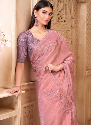 Pink color crush satin georgette embroidered border saree 2