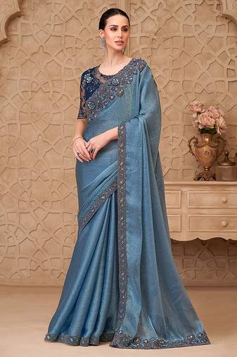 Metal blue color satin crush georgette fancy designer festival saree