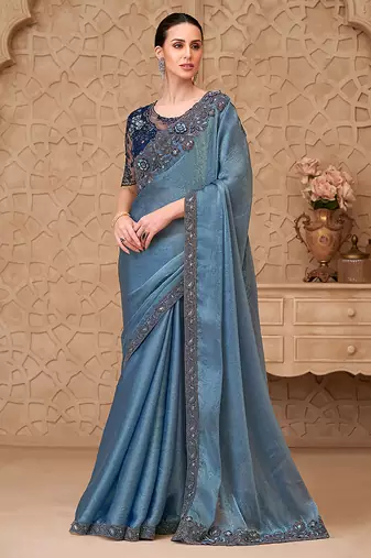 Metal blue color satin crush georgette fancy designer festival saree