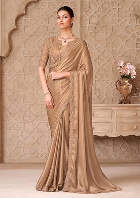 Beige shimmer satin georgette embroidered border saree with jacket style blouse 1