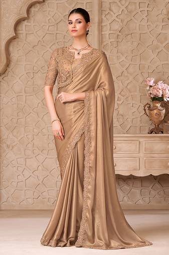 Beige shimmer satin georgette fancy designer saree with jacket style blouse