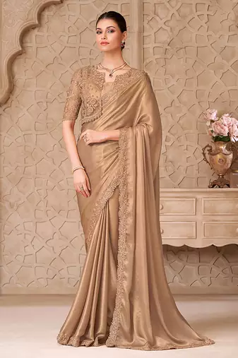 Beige shimmer satin georgette fancy designer saree with jacket style blouse