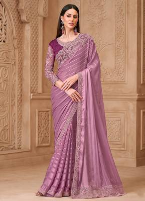 Onion pink satin georgette embroidered border saree 1