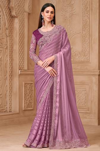 Onion pink satin georgette embroidered border fancy designer saree