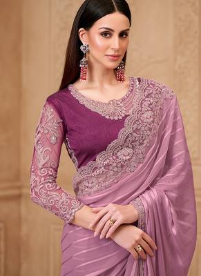 Onion pink satin georgette embroidered border saree 2