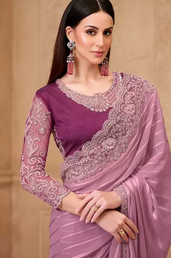 Onion pink satin georgette embroidered border saree