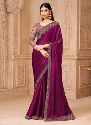Wine color satin georgette embroidered border saree 1
