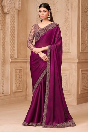 Wine color satin georgette embroidered border fancy designer saree