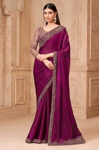 Wine color satin georgette embroidered border fancy designer saree