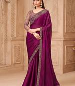 Wine color satin georgette embroidered border fancy designer saree