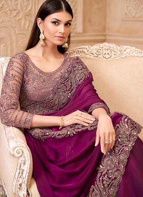 Wine color satin georgette embroidered border saree 2