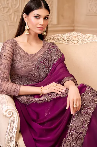 Wine color satin georgette embroidered border saree