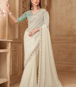 Off white color georgette silk embroidered border fancy designer saree