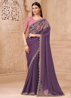 Lavender color faux georgette embroidered saree 1