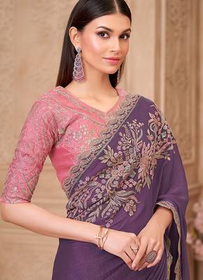 Lavender color faux georgette embroidered saree 2