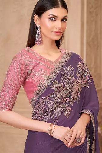Lavender color faux georgette embroidered saree