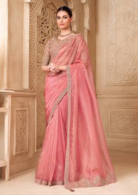 Light pink color tissue georgette embroidered saree 1