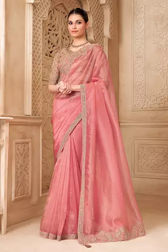 Light pink color tissue georgette embroidered fancy designer saree