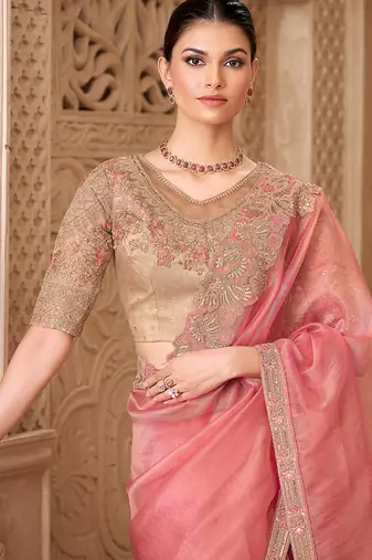 Light pink color tissue georgette embroidered saree