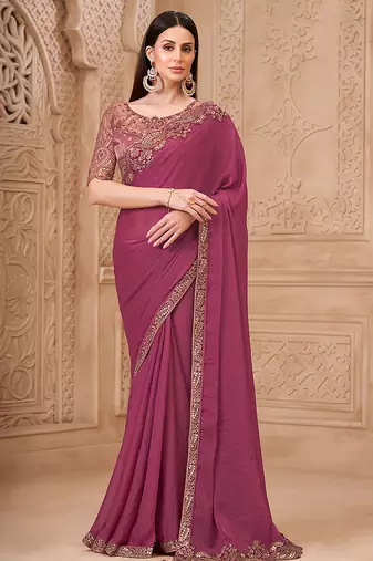 Onion pink color georgette embroidered fancy designer saree