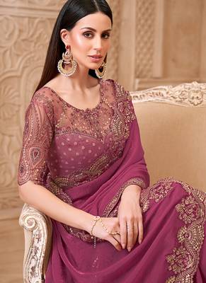 Onion pink color faux georgette embroidered saree 2