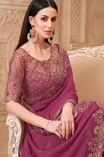 Onion pink color faux georgette embroidered saree