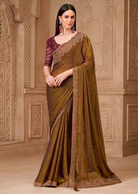 Golden brown color satin georgette embroidered saree 1