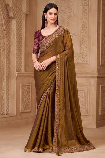 Golden brown color satin georgette embroidered fancy designer saree