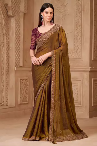 Golden brown color satin georgette embroidered fancy designer saree