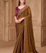 Golden brown color satin georgette embroidered fancy designer saree
