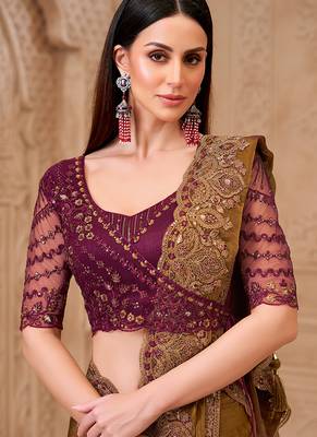 Golden brown color satin georgette embroidered saree 2