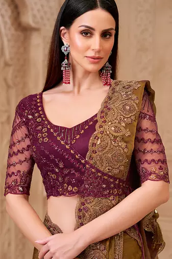 Golden brown color satin georgette embroidered saree