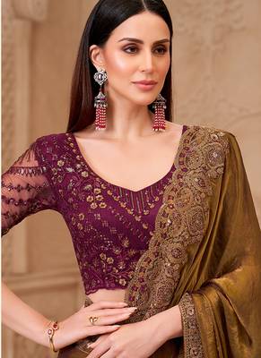 Golden brown color satin georgette embroidered saree 3