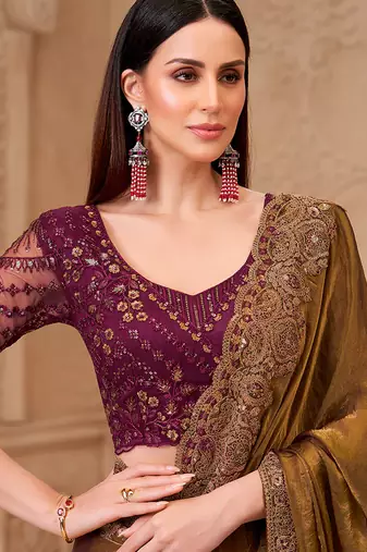 Golden brown color satin georgette embroidered saree